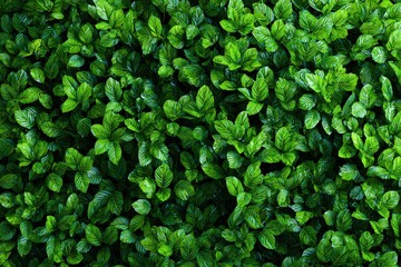 Close Up of Dense Green Foliage Texture with Light Reflections Natural Pattern Background