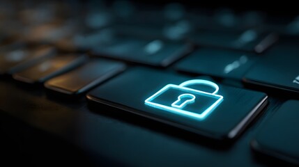 Glowing digital lock icon illuminates a dark electronic keyboard surface in close up