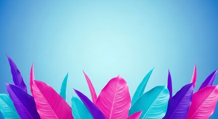 Fototapeta premium Vibrant Tropical Leaves Against Gradient Blue Backdrop, Bold Colors, Modern Botanical Design.