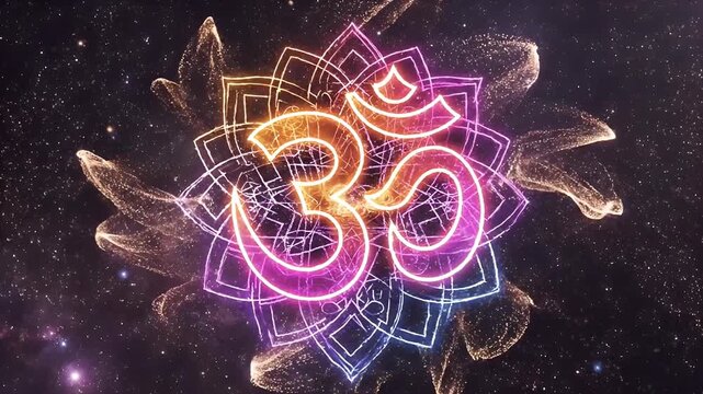 A vibrant, glowing Om symbol with a mandala design against a cosmic, starry background.