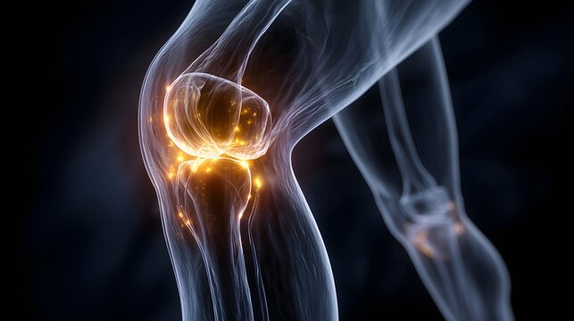 Illuminated human knee joint structure demonstrates localized internal inflammation or pain signals