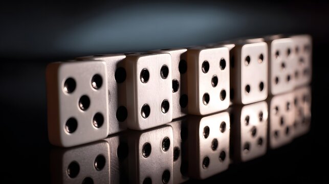 Multiple white numbered cubes are aligned in a row upon a reflective dark surface