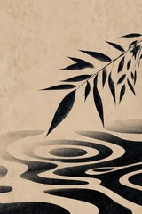 Elegant Japanese Art Illustration with Black Branch and Ripple Effect on Beige Background