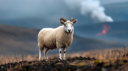 Obraz premium A sturdy ram stands on rugged terrain observing a distant volcanic eruption with smoke plume and red lava flow