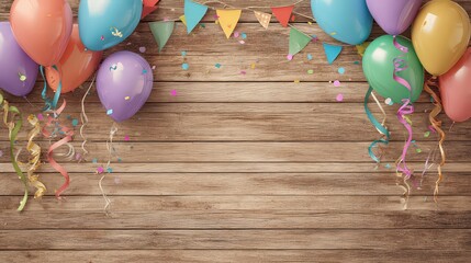 Festive Balloons and Colorful Pennant Banner on Rustic Wooden Background with Scattered Confetti for Celebratory Occasion