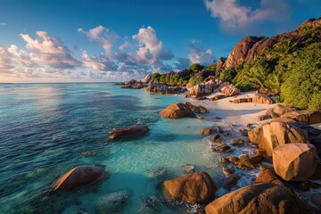 Idyllic Beach Scene with Turquoise Water and Rocky Shoreline Under a Partly Cloudy Sky in Tropical Paradise Setting