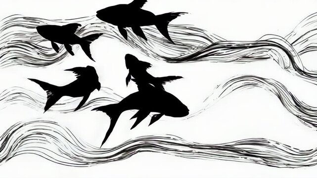 Silhouetted fish swim through flowing brushstroke patterns on a white backdrop