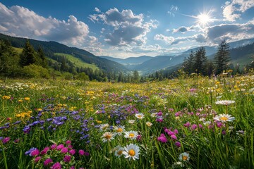 Lush Meadow of Wildflowers in Full Bloom under Sunny Sky with Scattered Clouds and Rolling Green Hills in the Background During Daytime