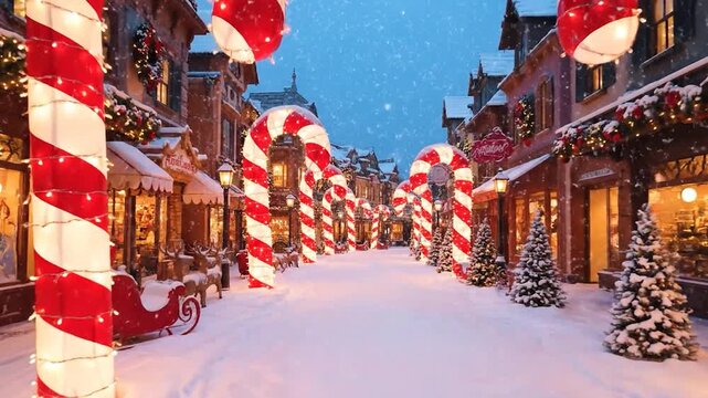 Snowy street lined with red and white candy cane arches, leading to a distant warm glow