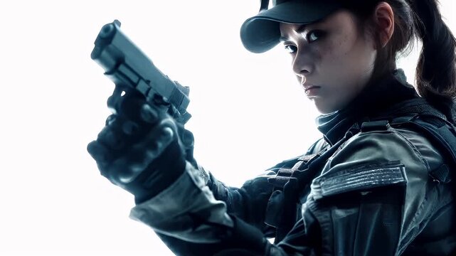 A woman in a tactical uniform aiming a pistol. She is wearing a cap with a visor and has a focused expression. The background is white.