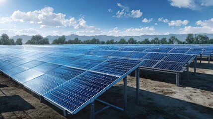 Scenic View of Blue Solar Panels Under Bright Sky with Distant Trees and Subtle Clouds Power Generation Against Clear Sky