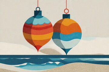 Two Colorful Ornaments Hanging Over Shimmering Surface in Textured Background with Sparkles and Festive Decoration