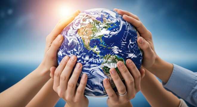 Collective Effort: Human Hands Holding the Earth Symbolizing Global Unity