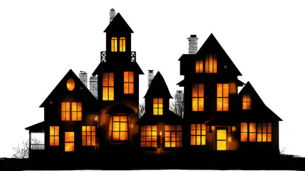 Fototapeta premium Haunted house building glowing orange windows at night spooky dark atmosphere Halloween horror fear mystery concept digital illustration on white background