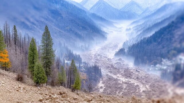 Valley Erosion: The imposing sight of a landslide scarring the valley, with rugged terrain and forested slopes, shrouded in mist under a moody atmosphere.