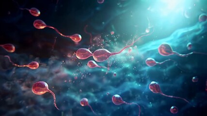 sperm cells in action, rendered in a digital art style with a focus on vibrant colors and intricate details. The main subject is the sperm cells, which are depicted in a dynamic pose.