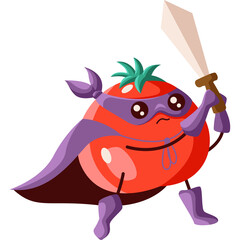 A cartoon red tomato superhero with a purple mask cape and boots holds a sword ready for battle in a dynamic pose against a white background
