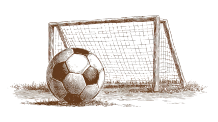 Hand drawn sketch of soccer football ball and goalpost vintage illustration art graphic concept sports design creative drawing on white background