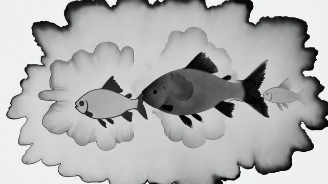 Two fish in a cloud-like shape; monochrome tones and simple details dominate