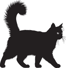 Silhouette of a fluffy black cat with a bushy tail walking gracefully, its eyes wide open and alert, showcasing elegant movement and a sleek profile against a clean backdrop for design purposes.