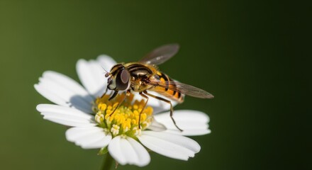 Hoverfly resting on a white daisy flower against lush green backdrop