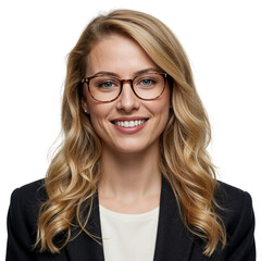 Obraz premium Professional businesswoman with glasses smiling confidently wearing a blazer and white top isolated on transparent background