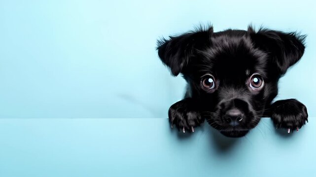 A digital artwork of a black puppy peeking over a blank sign. The puppys fur is detailed and glossy, and its eyes are wide open, giving it a curious expression.