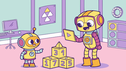 Naklejka premium Animated Robot Characters Interacting with Number Blocks in a Playful Environment