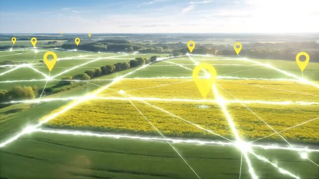 Smart Agriculture Field With Digital GPS Network And Yellow Location Markers Representing Modern Farming Technology
