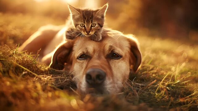 A closeup of a cat and a dog in a natural setting. The cat is perched atop the dogs head, with its fur illuminated by the golden light of the setting or rising sun.