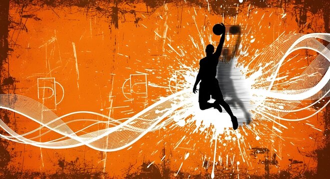 Creative basketball banner with orange grunge background, white court lines, and paint splatter effect. Perfect for sports, energy, and competition concepts.