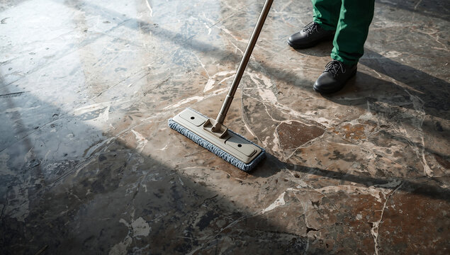 Janitor Cleaning Marble Floor with Mop &ndash; Professional Maintenance Work in Sunlight