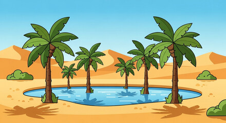 A vibrant desert oasis featuring lush palm trees surrounding a tranquil pool of water, creating a refreshing and inviting scene amidst the arid landscape