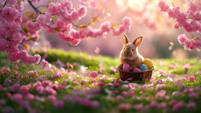 Easter bunny and cherry blossoms digital wallpaper.
