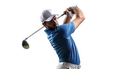A golfer in a blue shirt and white hat swinging a golf club against a black color background studio shot