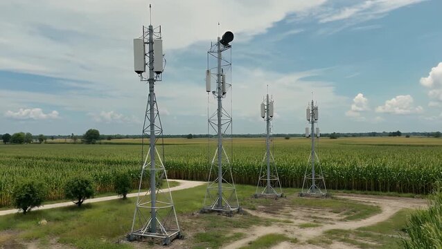 network of tall telecommunications towers and antenna arrays situated amidst a vast agricultural area of growing sugar cane