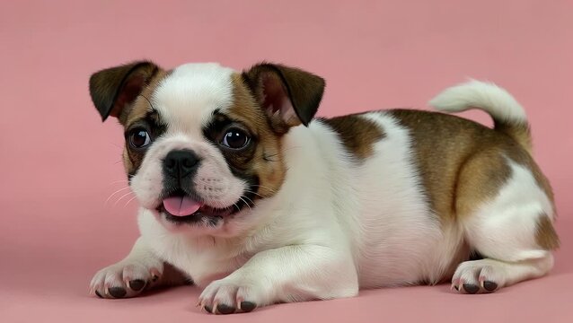 Puppy of a Specific Small Breed with a White and Brown Coat Lying on a Pink