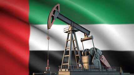 An oil pump against the backdrop of the UAE flag