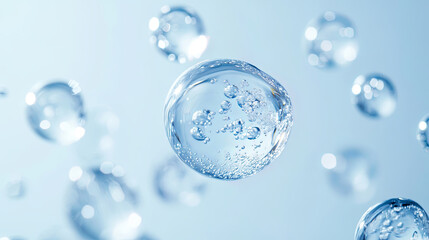 Close-up of water droplets suspended in air with a soft blue background and bokeh effect
