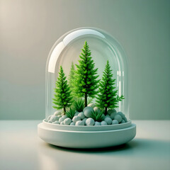 Miniature pine trees in a glass dome terrarium with white pebbles, symbolizing nature preservation and eco design. Modern minimalistic concept of sustainability and green living in 3D render style.