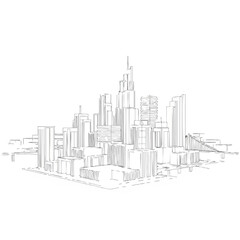 Obraz premium An architectural line drawing depicts a modern cityscape, showcasing skyscrapers and urban infrastructure against a clean white backdrop.