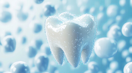 A single human tooth surrounded by water droplets on a blue background with bokeh effect
