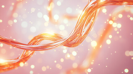 Glowing abstract wave with sparkling particles on a soft pink background