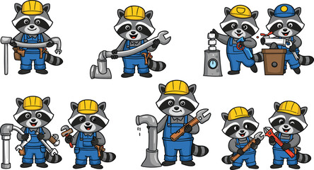 Cartoon raccoon plumber, construction worker animal, cute handyman character, plumbing repair mascot, maintenance raccoon, builder illustration, funny worker art, tools