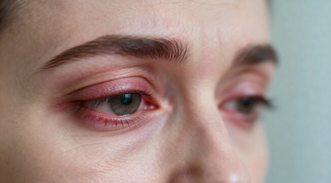A macro view of a woman's red, swollen, and irritated eyes, capturing the discomfort and symptoms of an eye infection or severe allergy