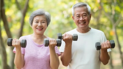 Senior couple exercising outdoors, smiling while lifting dumbbells in a park, showcasing healthy lifestyle and fitness commitment in a vibrant natural setting - Powered by Adobe