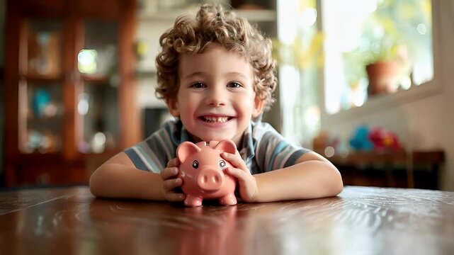 Money saving deposit financial planning concept. A young child with curly hair sits at a wooden table, holding a pink piggy bank. The childs expression is one of contentment and curiosity.