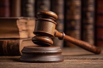 Judge s gavel and auction hammer on stand symbolizing law and justice in adjudication context