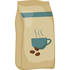 Brown paper bag with teal blue label graphic illustration of a teal blue coffee cup with steam and coffee beans on a transparent background