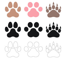 Animal paw print icon set. Editable vector illustration in color, silhouette, and outline styles. EPS wildlife symbol pack